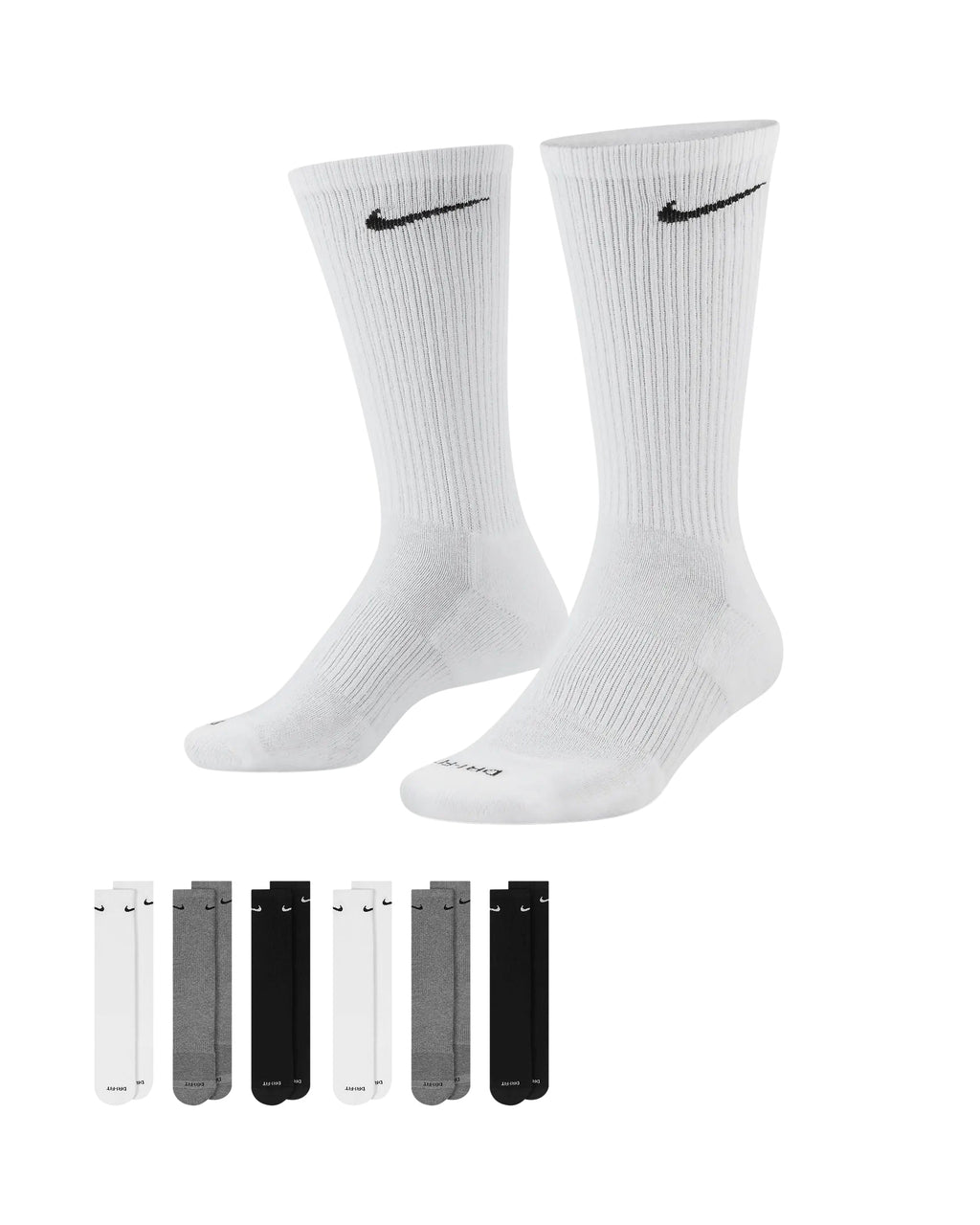 Nike Dri-Fit 6-Pack Cushioned Crew Socks - Black/Gray/White